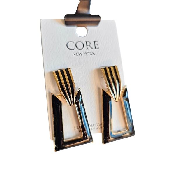 Statement Geometric Drop Earrings Gold Black Enamel Modern 1.6" Dangle New CORE - Picture 2 of 8